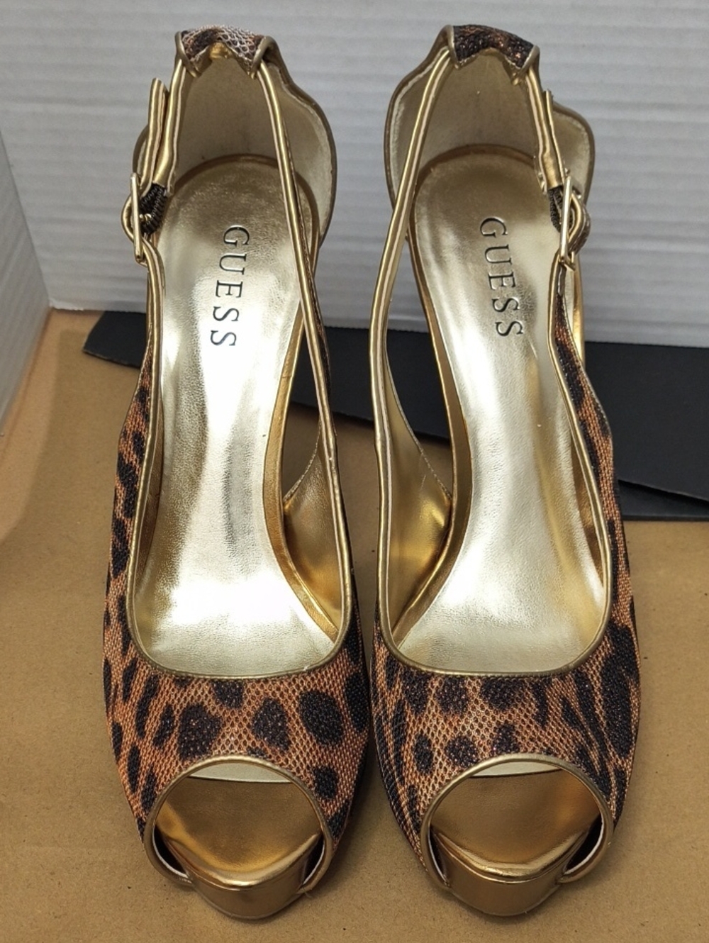 GUESS Gold and Leopard Peep-Toe Slingback Heels Sz 9M NWOB
